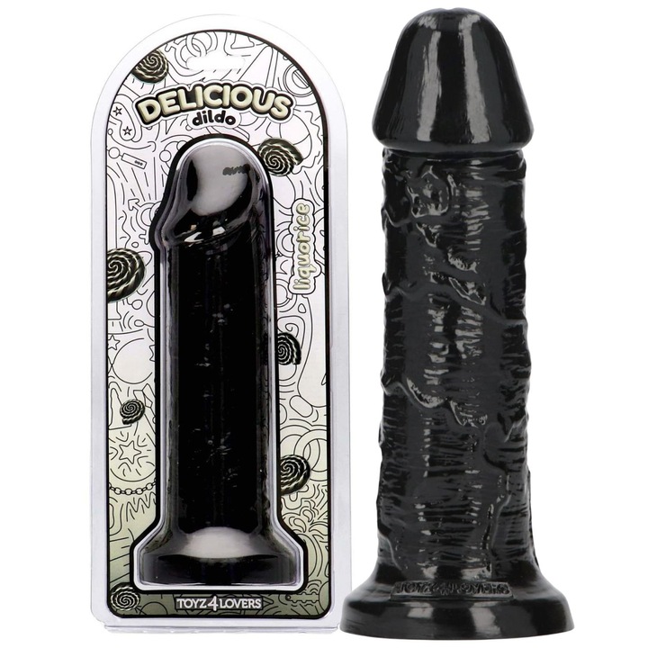 Реалистично дилдо с вендуза, Toyz4Lovers, аромат на женско биле, 25x6,3см, черно