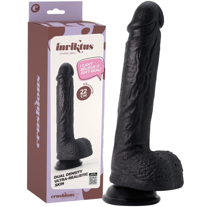 INVIKTUS realisztikus dildó, Crushious, 8.5", fekete szilikon, tapadókoronggal, 22x3.7cm