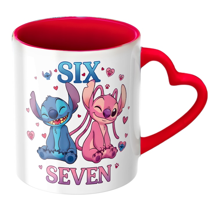 Cana personalizata 67 six seven meme, Stitch si Angela, cadou valentine's, dragobete, cadou romantic pentru cupluri, ceramica, rosie cu maner inima, 330ml, v4