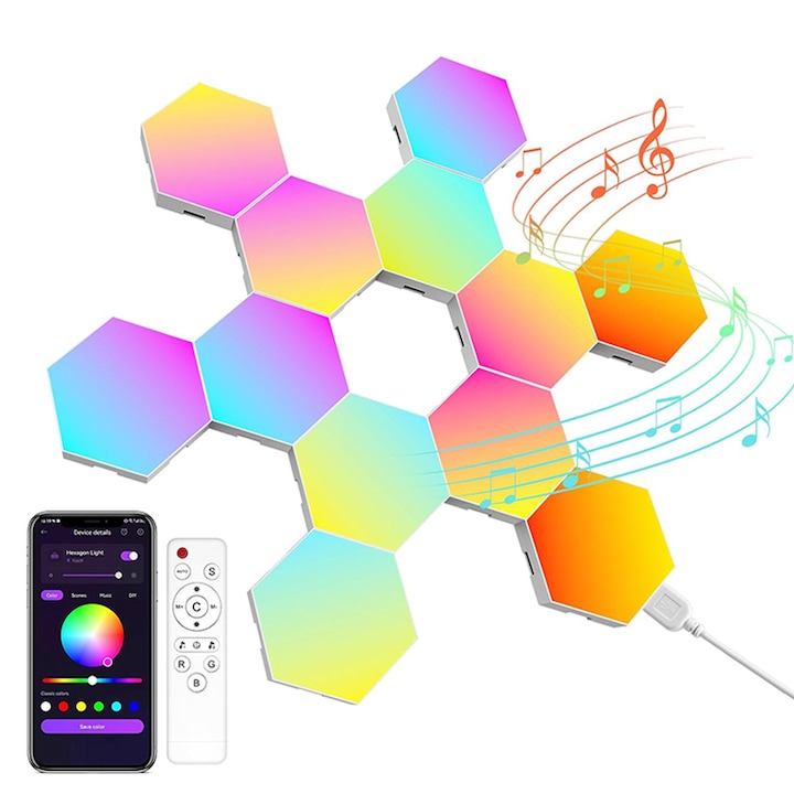 Kit panouri luminoase LED modulare inteligente RGBIC, Duuyect, 12 panouri hexagon, WiFi & Bluetooth, Sincronizare muzicala, Telecomanda, Dimmer, Timer, Compatibil iOS, Android, Pentru decorarea interioara Sufragerie Dormitor Camera de jocuri