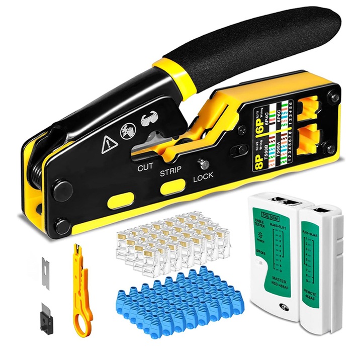 Set clesti RJ45, Omelivon, Design compact, Maner antiderapant, 50 conectori CAT6, Tester cablu, Stripper mini, Pentru cabluri cat5, cat5e, cat6, Taiat/dezizolat cablu si sertizat mufe, Pentru cablare internet si telefo, Galben/Negru