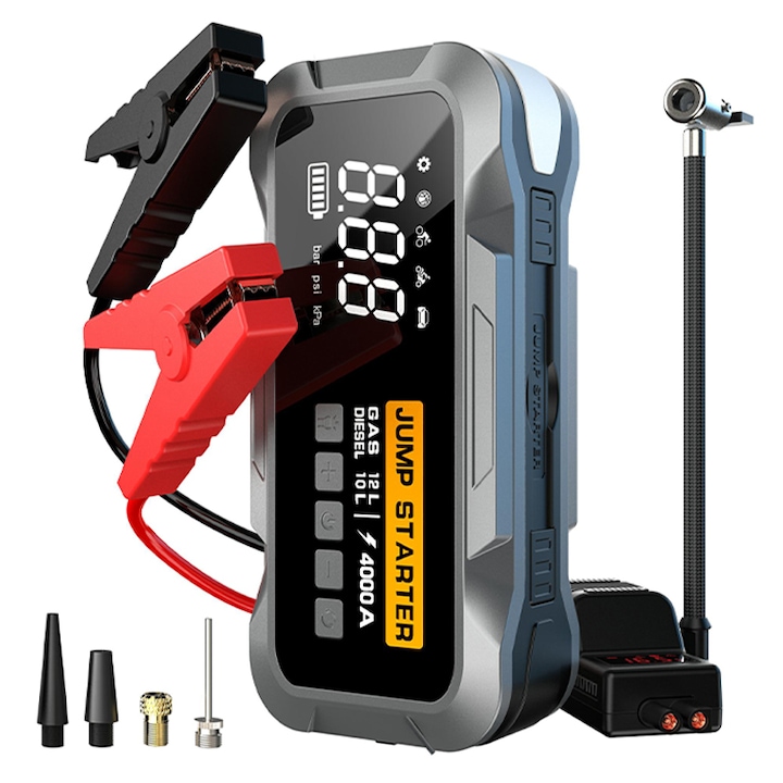 Starter Auto, Rqiurpn, 2-in-1, 4000A, 12V, 24000mAh, Ecran Digital, 3 moduri LED, Protectie Inteligenta, Portabil, lanterna, powerbank USB, clesti inteligenti, Pentru 5.0L Motor Benzina/4.0L Diesel, Negru