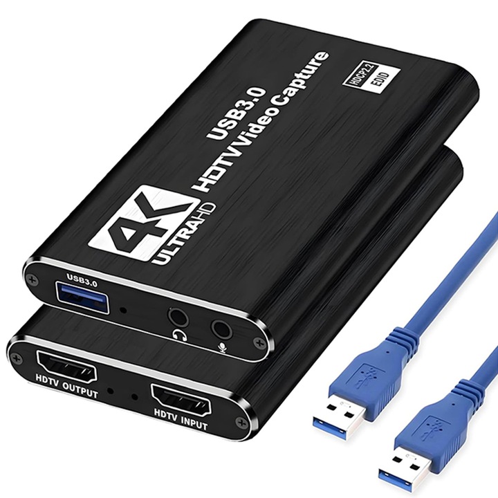 Placa captura video Rqiurpn 4K30Hz Full HD 1080p60fps microfon 3.5mm negru