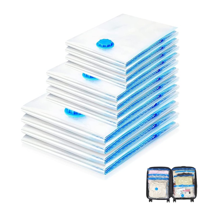 Set 12 saci de vidat reutilizabili, transparent-albastru, valva tripla, protectie waterproof, HAPPY JOKER®