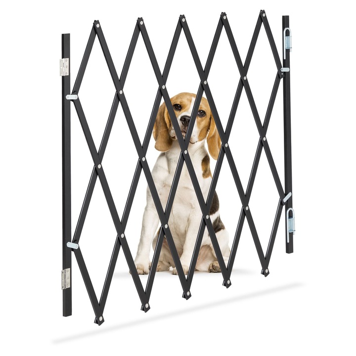 Gard de siguranta pentru copii si animale de companie Relaxdays, lungime maxima 118 cm, din bambus/metal, pliabil, Negru