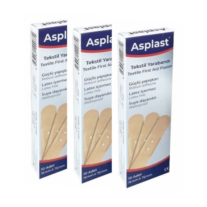 Plasture textil de prim ajutor, protectie pentru leziuni minore, 3 pachete de 10 bucati, 19 x 72 mm