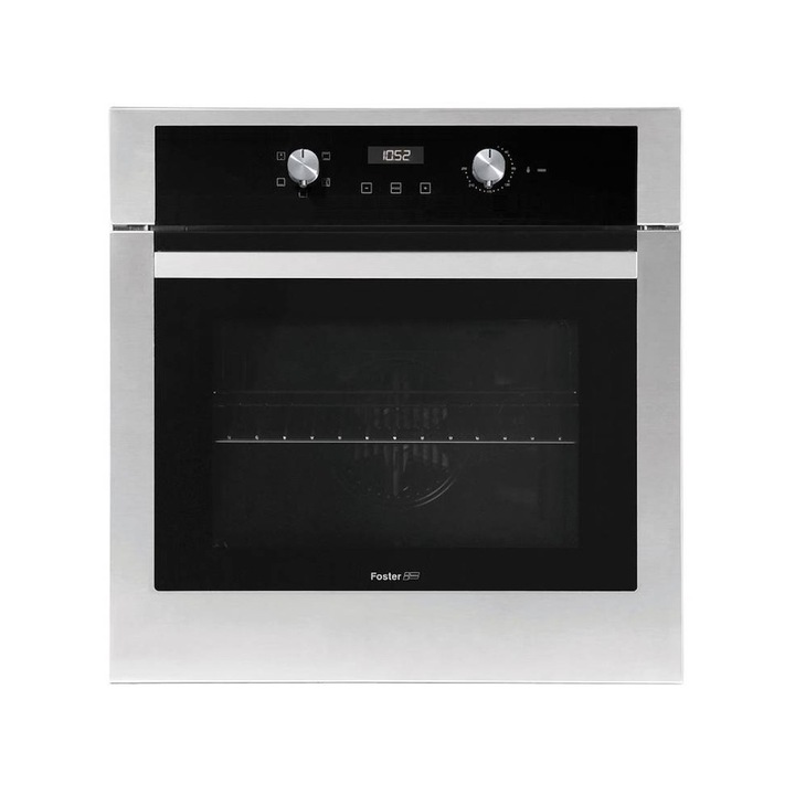 Cuptor electric incorporabil cu convectie Foster, KE, 70 litri, latime 60 cm, clasa A, 9 moduri gatire, program MaxiGrill, Mod Intensiv, decongelare, ventilatie tangentiala, tehnologie EasyClean, finisaj satinat anti-amprente, oprire automata, inox