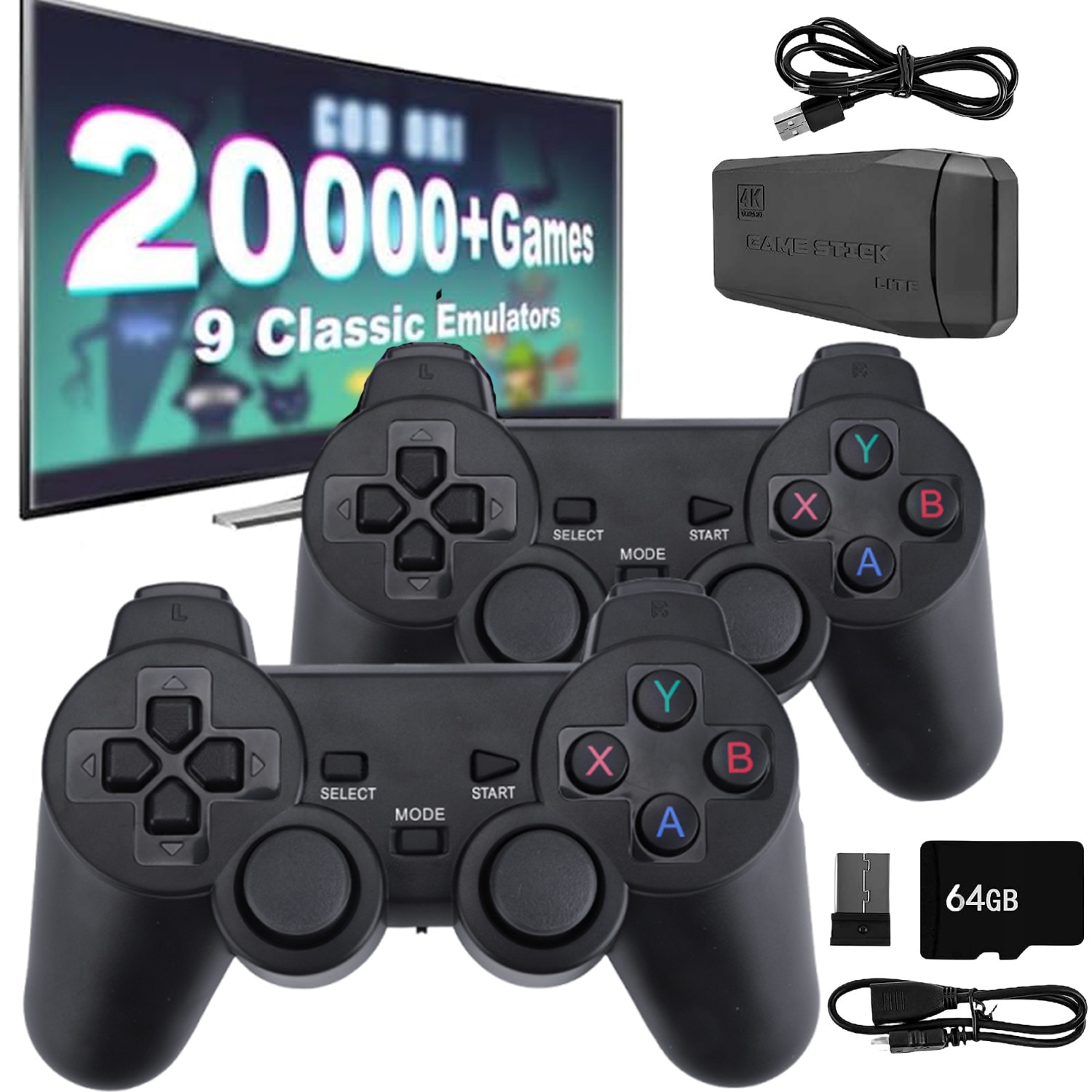 Set consola jocuri de jocuri retro, AKKEE, Portabila, cu 20000 de jocuri incorporate, cu 2 controler wireless, HDMI, USB wireless 2.4 GHz, 64GB, Plug si Play, Negru