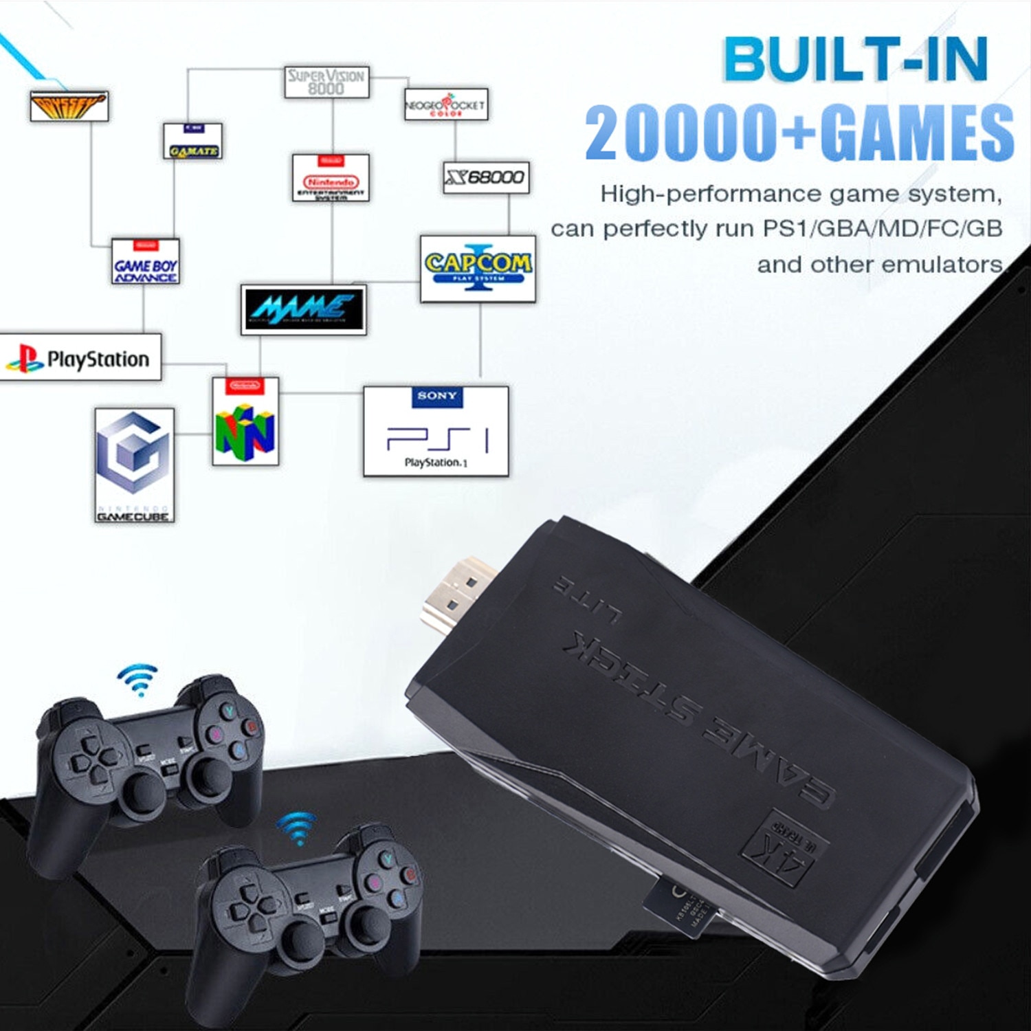 Set consola jocuri de jocuri retro, AKKEE, Portabila, cu 20000 de jocuri incorporate, cu 2 controler wireless, HDMI, USB wireless 2.4 GHz, 64GB, Plug si Play, Negru