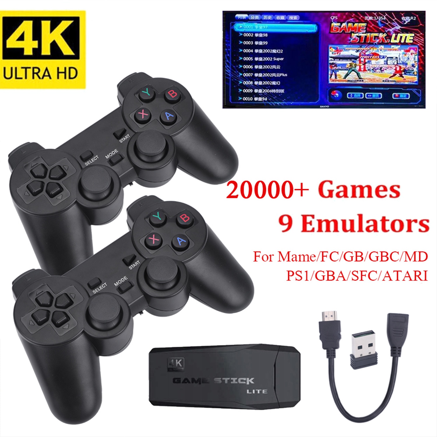 Set consola jocuri de jocuri retro, AKKEE, Portabila, cu 20000 de jocuri incorporate, cu 2 controler wireless, HDMI, USB wireless 2.4 GHz, 64GB, Plug si Play, Negru