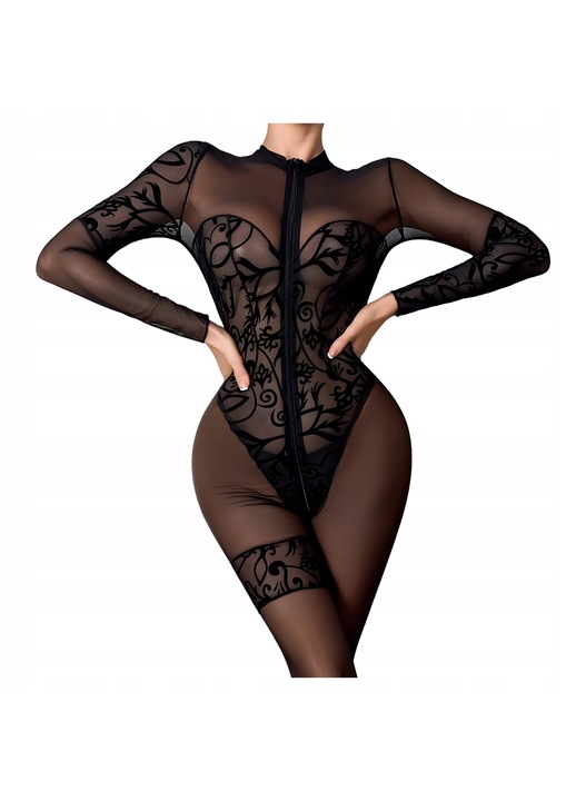Body stocking sexy dama, cu maneca lunga, plasa, negru, XS INTL