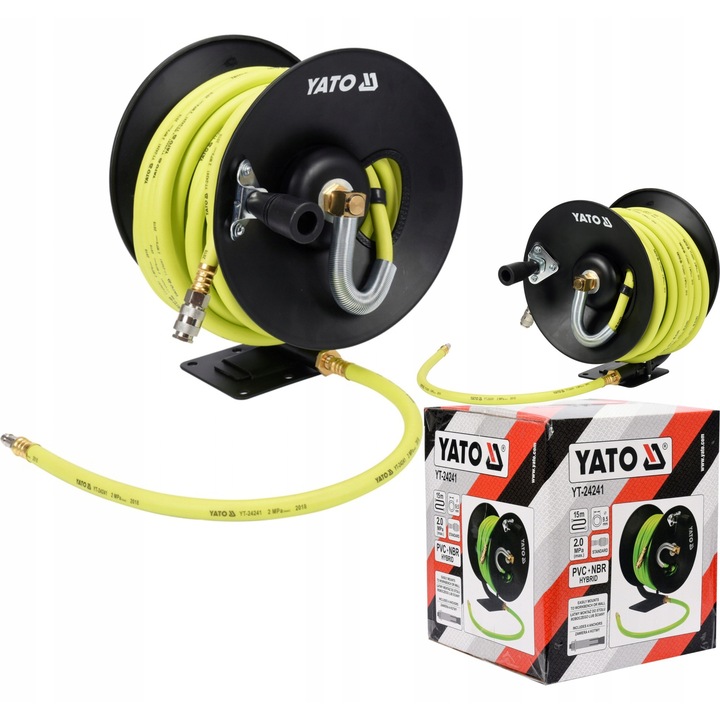 Hose pneumatic hybrid pe tambur Yato 15m, 9,5mm, rezistent la substante chimice, montaj pe perete sau podea