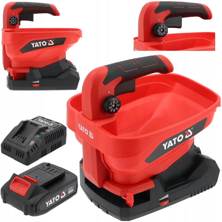 Distribuitor de seminte si ingrasaminte Yato, 18V, 3,3L, set cu acumulator 2.0Ah si incarcator