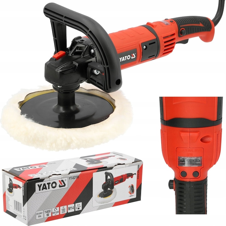 Masina de slefuit rotativa Yato, 1400W, 600-3200min-1, 180mm, set cu disc si maner suplimentar