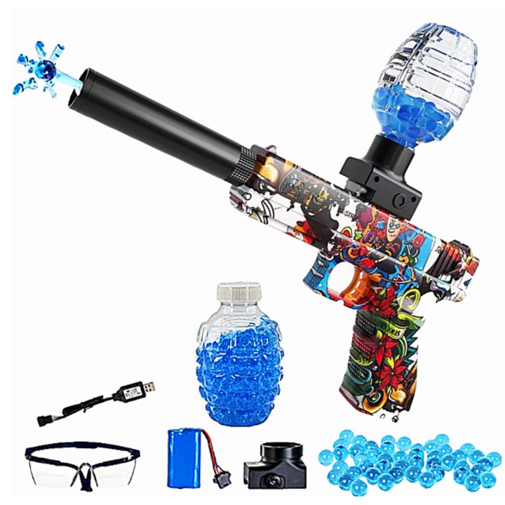 Електрически пистолет Glock 17 с автоматичен амортисьор, играчка с водни гел топчета с батерия 3,7V, 500 топчета, защитни очила, кабел за зареждане, обхват на стрелба 20 метра, Skin Almid