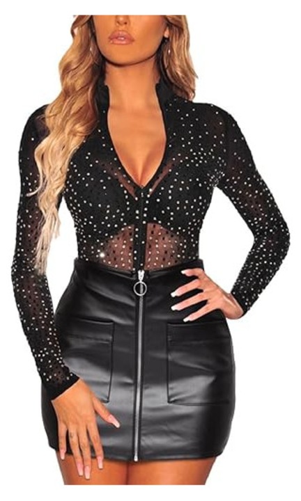 Bluza pentru femei cu maneca lunga, model plasa, bluza, tunica, negru, S