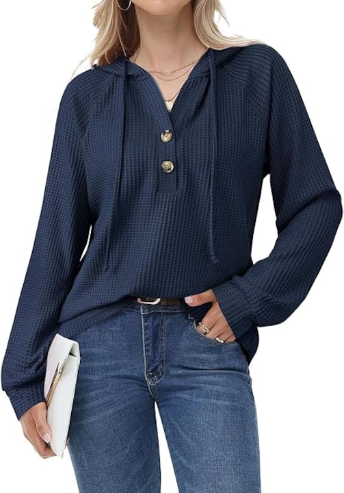 Bluza texturata larga, cu maneci lungi, decolteu V cu nasturiwqf, Albastru