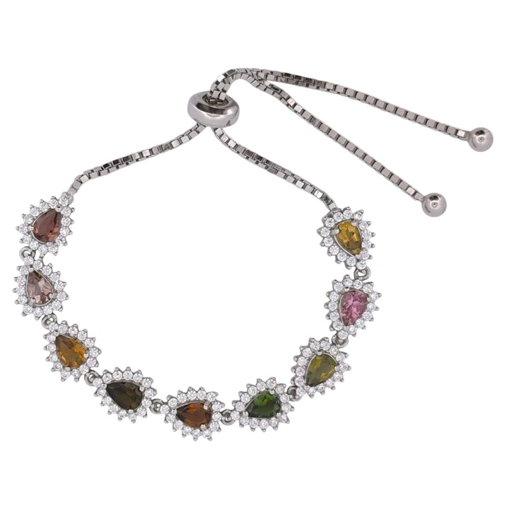 Сребърна гривна с естествен многоцветен турмалин от Тайланд