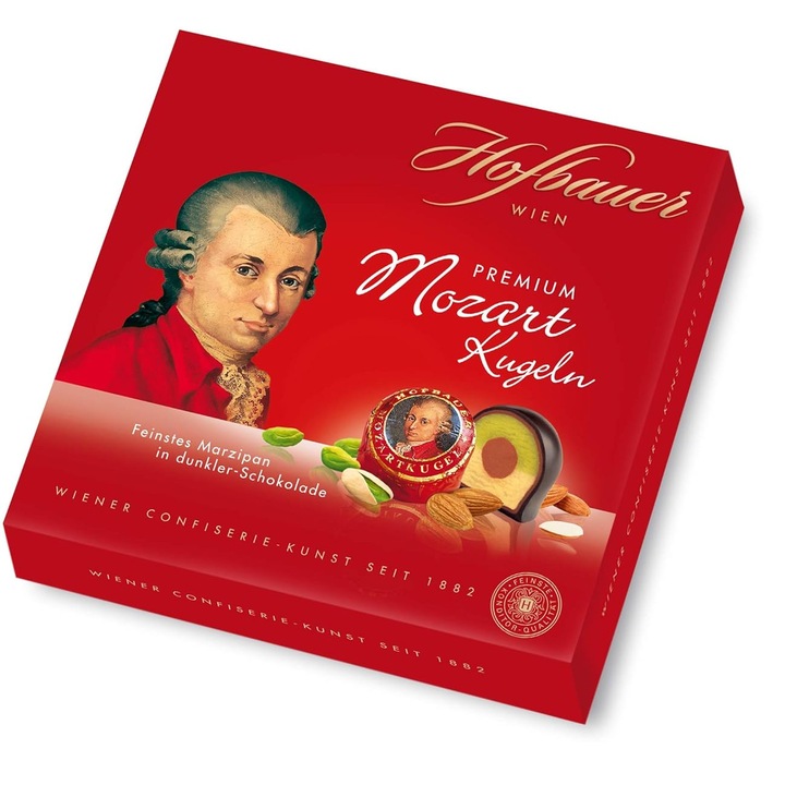 Praline Mozart din martipan cu fistic si nuga de alune in ciocolata neagra, Hofbauer, 200g