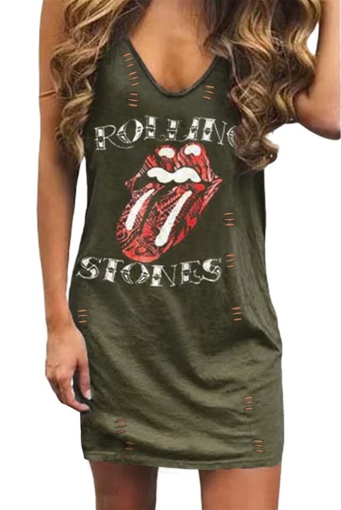 Rochie scurta casual, lejera pentru femei, fara maneci, verde cu model S