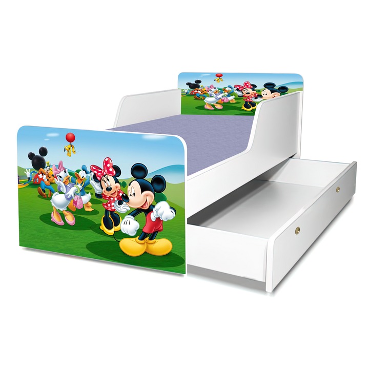 Pat Mickey si prietenii, 160x80 cm, cu sertar, protectie si saltea inclusa