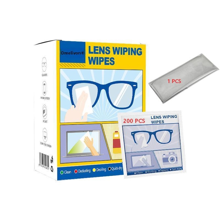 Servetele umede pentru ochelari Omelivon, set 200 bucati, antibacterian, ambalate individual, 12x6cm