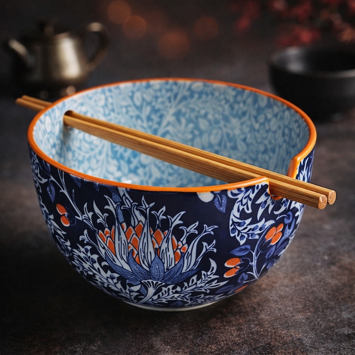 Bol Ramen Asiatic din Portelan 720 ml ANTBRO®, Set cu Betisoare Chopsticks, Bol pentru Supa, Noodles sau Bibimbap, Design Japonez Premium, Albastru Navy Floral, 16x10 cm