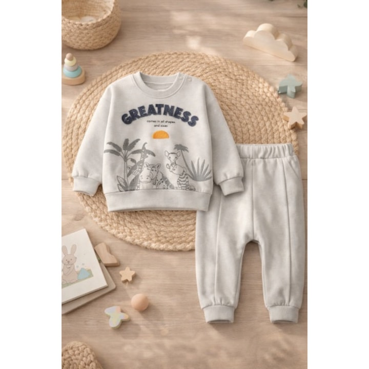 Set haine bebe 2 piese din bumbac moale bluza cu imprimeu si pantaloni, 6-9 luni, Gri, Baieti