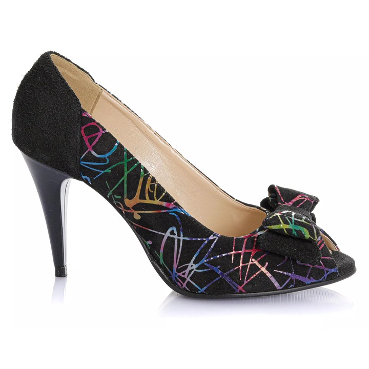 Pantofi dama din piele naturala - NEGRU CU FIRICEL COLORAT- F23 NFC, Negru