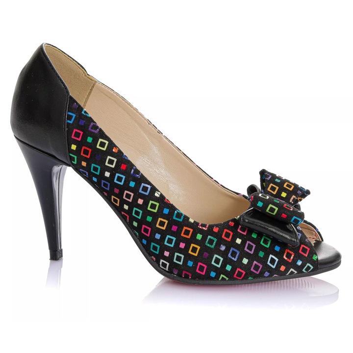 Pantofi dama din piele naturala - NEGRU CU PATRATELE COLORATE - F23 NPC, Negru