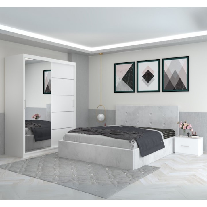 Set Dormitor CELA Alb cu Pat Tapitat 180x200, Dulap 150x208, Noptiere 48x32x35 cm