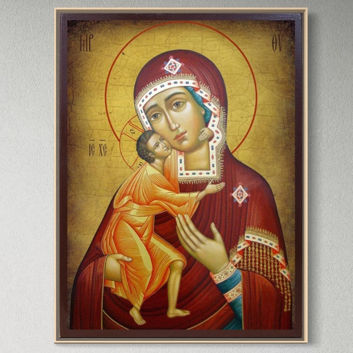 Tablou Canvas Premium, LuxCanva® H1073, Rama Aluminiu Gold, Maica Domnului Feodorovskaia, 75 X 100 CM, Panza Bumbac 100% 400g/m2, Sasiu, Lemn, Icoana, Facatoare, Minuni, Tamaduitoare, Mantuire, Mangaiere, Casa, Protectie, Living, Dormitor