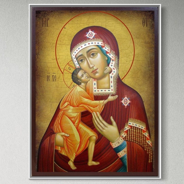 Tablou Canvas Premium, LuxCanva® H1073, Maica Domnului Feodorovskaia, 45 X 60 CM, Panza Bumbac 100% 400g/m2, Sasiu, Lemn, Icoana, Facatoare, Minuni, Tamaduitoare, Mantuire, Mangaiere, Casa, Protectie, Living, Dormitor, Silver