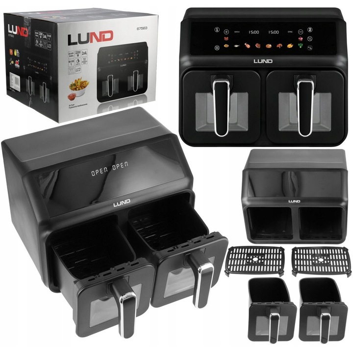 Friteuza cu aer cald, 2200W, Lund, doua camere 4L+4L, display LCD, neagra