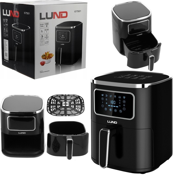 Friteuza cu aer cald, Lund 1450W 5L neagra, functii de gatire, timer, display LCD