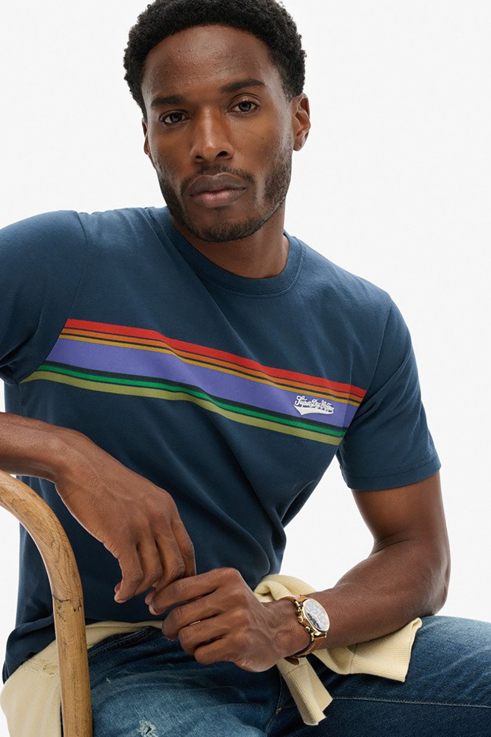 Superdry & Co, Tricou din bumbac cu decolteu la baza gatului, Albastru inchis, L