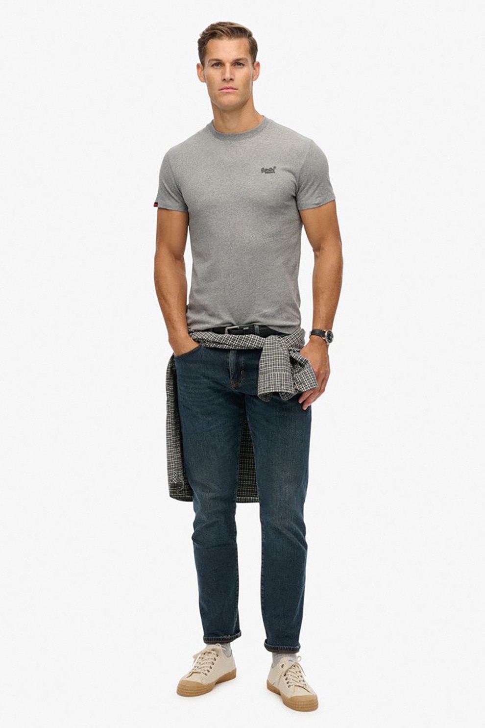 Superdry & Co, Tricou din bumbac cu decolteu la baza gatului so logo brodat, Gri deschis melange, L