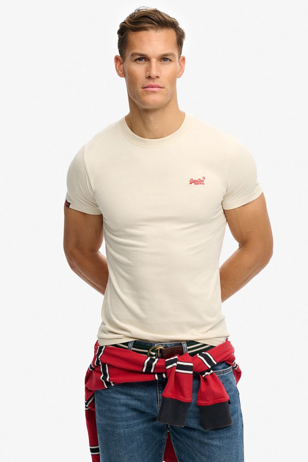 Superdry & Co, Tricou din bumbac cu decolteu la baza gatului so logo brodat, Crem, M