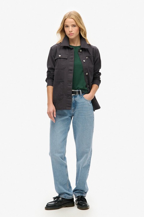 Superdry & Co, Tricou din bumbac cu decolteu la baza gatului, Verde inchis