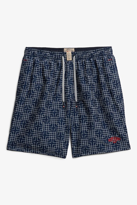 Superdry & Co, Pantaloni scurti de baie cu model si snururi, Alb/Bleumarin