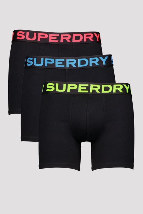 Superdry & Co, Set de boxeri cu banda logo in talie - 3 perechi, Negru/Roz aprins/Albastru royal/Verde electric