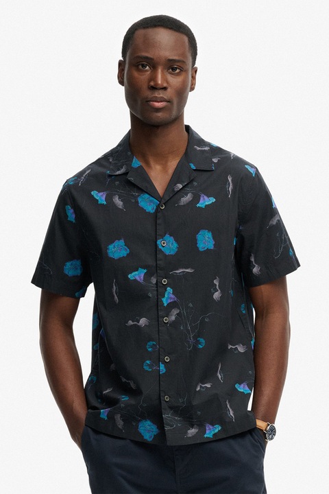 Superdry & Co, Rövid ujjú ing virágmintával, Fekete/Világoskék/Sötétszürke