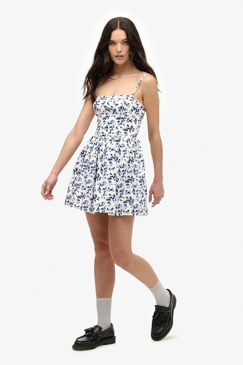 Superdry & Co, Rochie evazata cu bretele inguste, Alb/Negru/Albastru