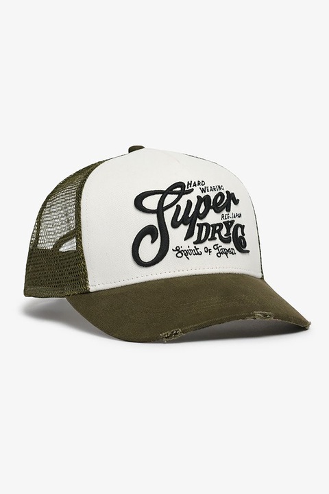 Superdry & Co, Sapca trucker cu detalii cu aspect deteriorat, Alb, Kaki