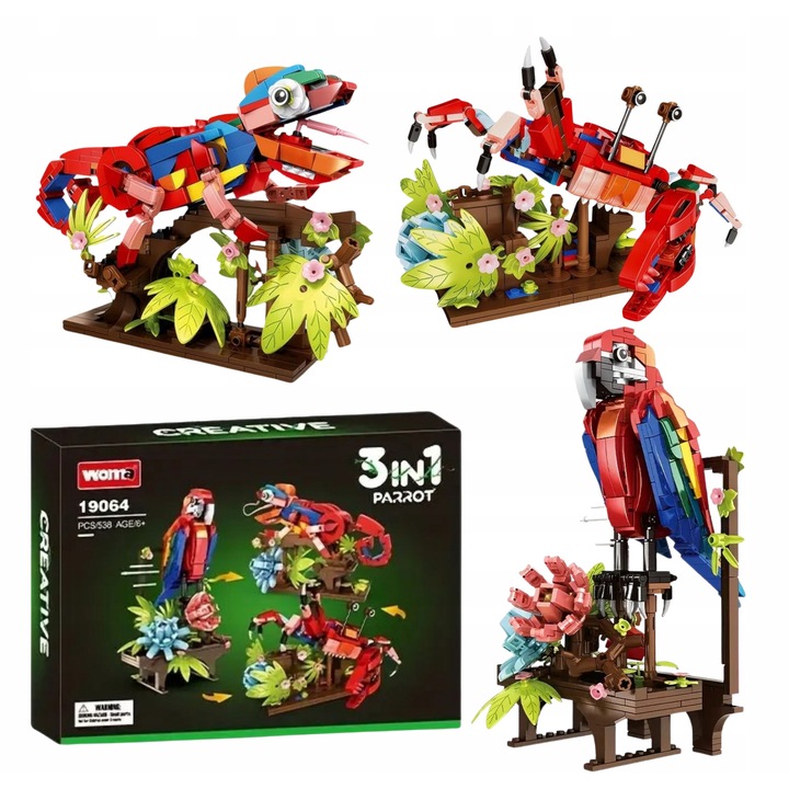 Set de constructie 3 in 1 WOMA, Papuga, Kameleon, Crab, 538 elemente, ABS, multicolor