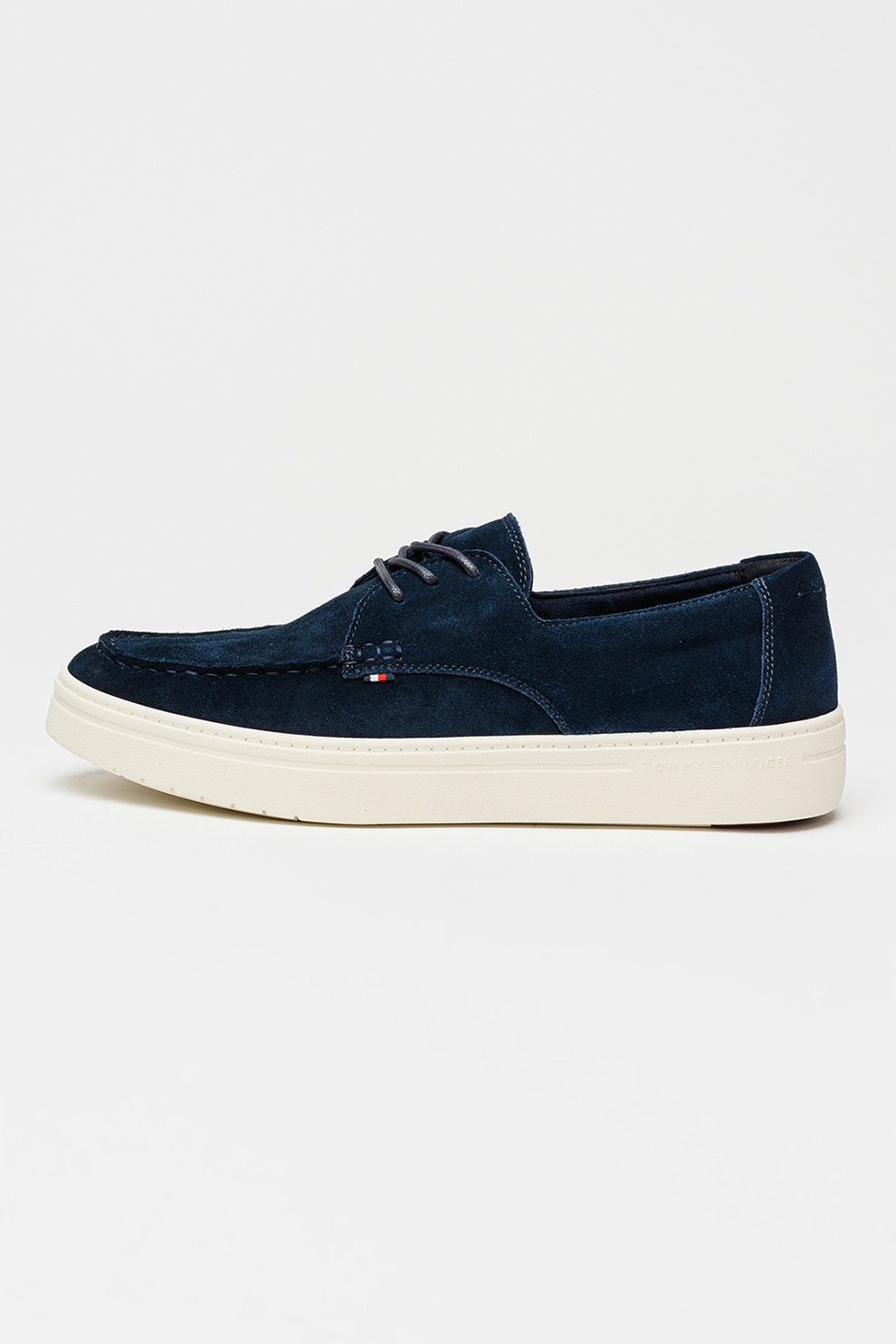 Tommy Hilfiger, Pantofi casual de piele intoarsa cu logo discret, Alb murdar, Bleumarin, 43
