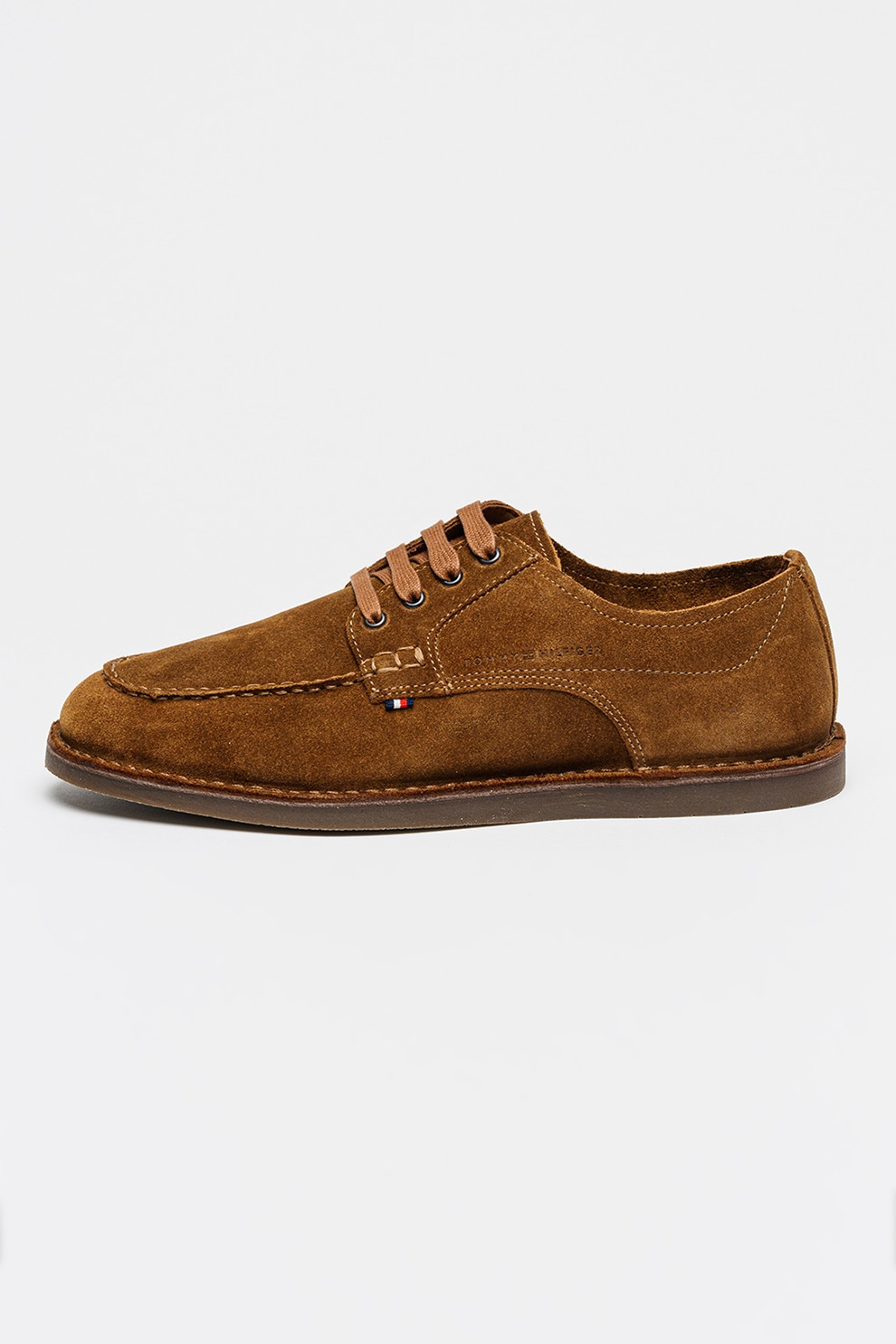 Tommy Hilfiger, Pantofi derby de piele intoarsa Stitchdown, Maro inchis, Caramel, 43