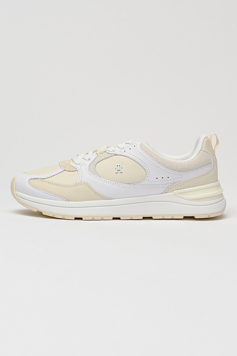 Tommy Hilfiger, Кожени спортни обувки Runner Mixt с велур, Бял/Мръснобял