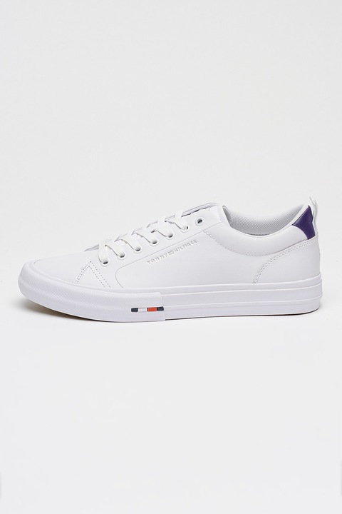 Tommy Hilfiger, Кожени маратонки Harlem с лого, Бял/Тъмносин