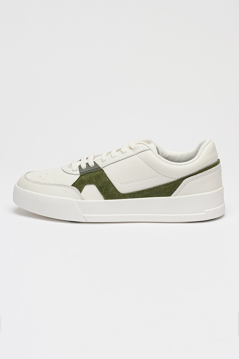 Tommy Hilfiger, Кожени маратонки Court Craft с контрастен велур, Бял/Папратово зелено